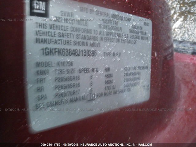 1GKFK63848J130396 - 2008 GMC YUKON DENALI MAROON photo 9