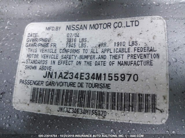 JN1AZ34E34M155970 - 2004 NISSAN 350Z COUPE SILVER photo 9