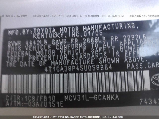 4T1CA38P45U058864 - 2005 TOYOTA CAMRY SOLARA SE/SLE ვერცხლისფერი ფოტო 9