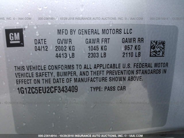 1G1ZC5EU2CF343409 - 2012 CHEVROLET MALIBU 1LT SILVER photo 9