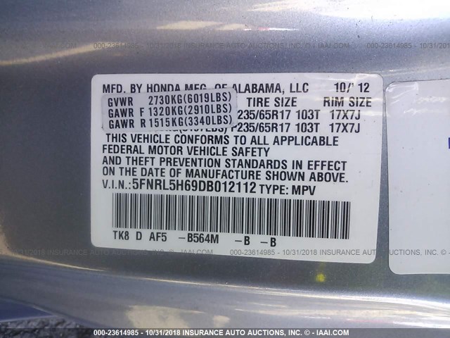 5FNRL5H69DB012112 - 2013 HONDA ODYSSEY EXL BLUE photo 9