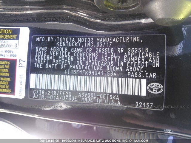4T1BF1FK9HU411564 - 2017 TOYOTA CAMRY LE/XLE/SE/XSE BLACK photo 9