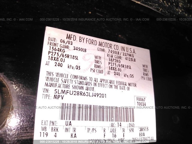 5LMFU28R63LJ49201 - 2003 LINCOLN NAVIGATOR Қара фото 9