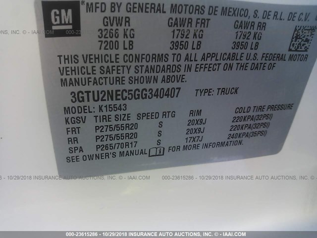 3GTU2NEC5GG340407 - 2016 GMC SIERRA K1500 SLT WHITE photo 9