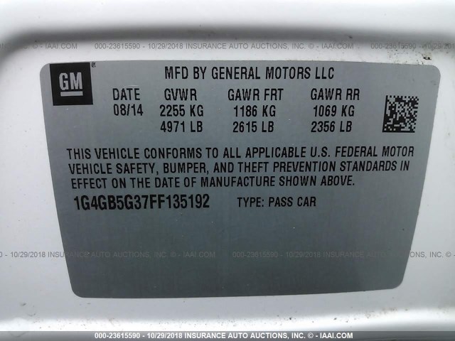 1G4GB5G37FF135192 - 2015 BUICK LACROSSE WHITE photo 9