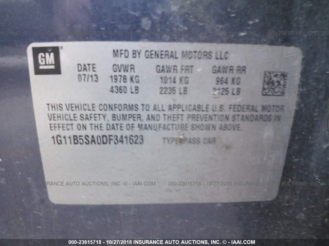 1G11B5SA0DF341623 - 2013 CHEVROLET MALIBU LS ლურჯი ფოტო 9