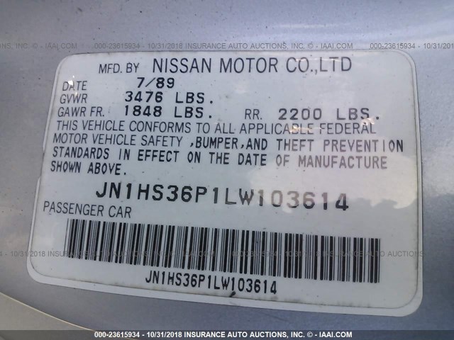 JN1HS36P1LW103614 - 1990 NISSAN 240SX SE SILVER photo 9