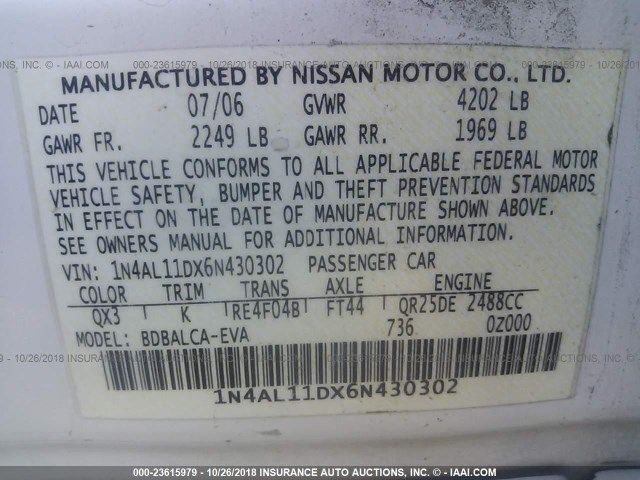 1N4AL11DX6N430302 - 2006 NISSAN ALTIMA S/SL WHITE photo 9