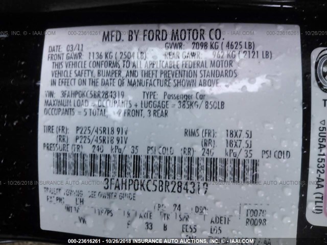 3FAHP0KC5BR284319 - 2011 FORD FUSION SPORT BLACK photo 9