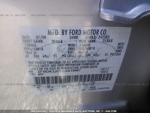 2FMDK3JC0ABA19987 - 2010 FORD EDGE SEL SILVER photo 9