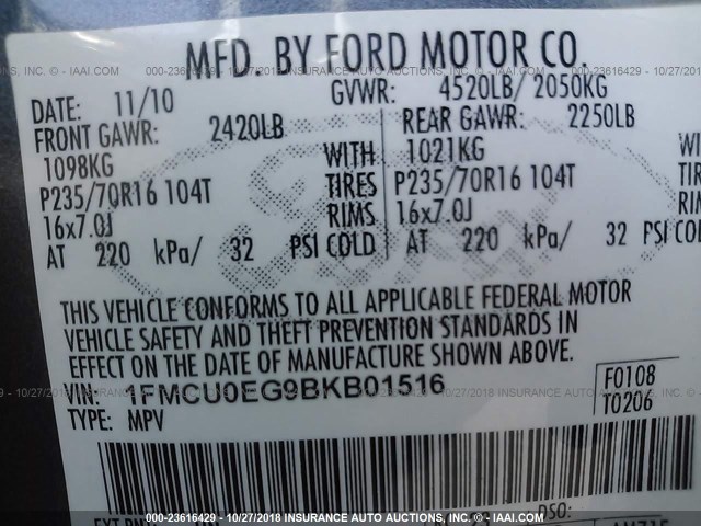 1FMCU0EG9BKB01516 - 2011 FORD ESCAPE LIMITED BLUE photo 9