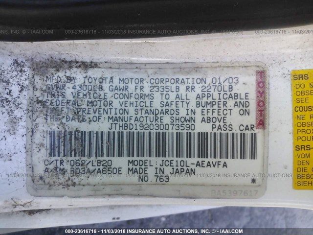 JTHBD192030073590 - 2003 LEXUS IS 300 WHITE photo 9