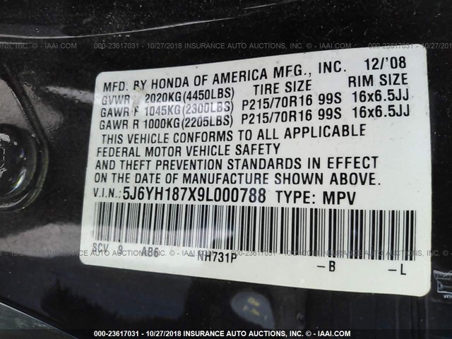 5J6YH187X9L000788 - 2009 HONDA ELEMENT EX BLACK photo 9