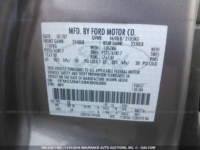 1FMCU941X8KB09280 - 2008 FORD ESCAPE LIMITED GRAY photo 9