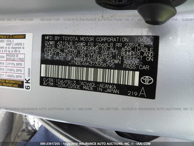 JTNBE46K373058795 - 2007 TOYOTA CAMRY NEW GENERAT CE/LE/XLE/SE SILVER photo 9