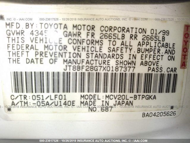 JT8BF28G7X0187377 - 1999 LEXUS ES 300 WHITE photo 9