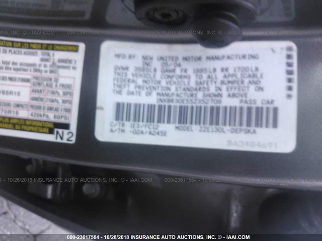 1NXBR30E55Z352708 - 2005 TOYOTA COROLLA CE/LE/S GRAY photo 9