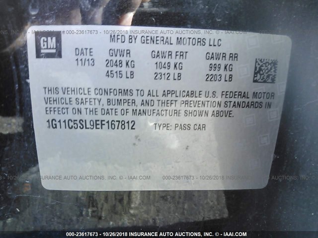 1G11C5SL9EF167812 - 2014 CHEVROLET MALIBU 1LT BLACK photo 9