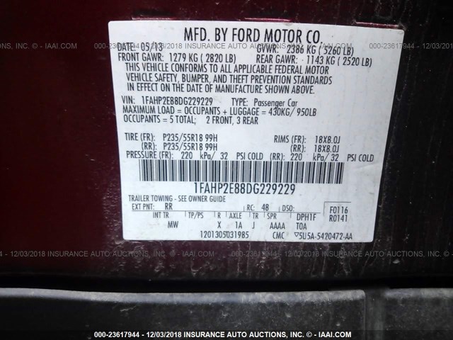 1FAHP2E88DG229229 - 2013 FORD TAURUS SEL RED photo 9