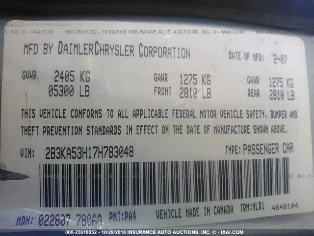 2B3KA53H17H783048 - 2007 DODGE CHARGER R/T GRAY photo 9