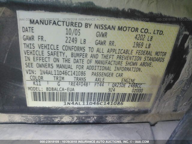 1N4AL11D46C141086 - 2006 NISSAN ALTIMA S/SL GRAY photo 9