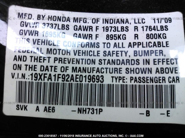 19XFA1F92AE019693 - 2010 HONDA CIVIC EXL BLACK photo 9