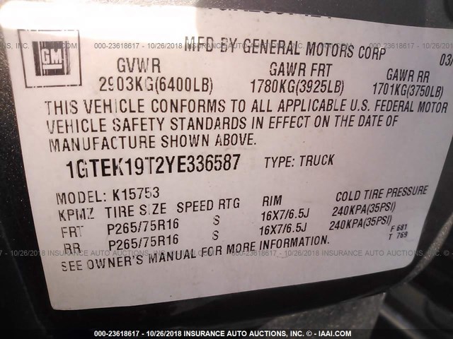 1GTEK19T2YE336587 - 2000 GMC NEW SIERRA K1500 GRAY photo 9