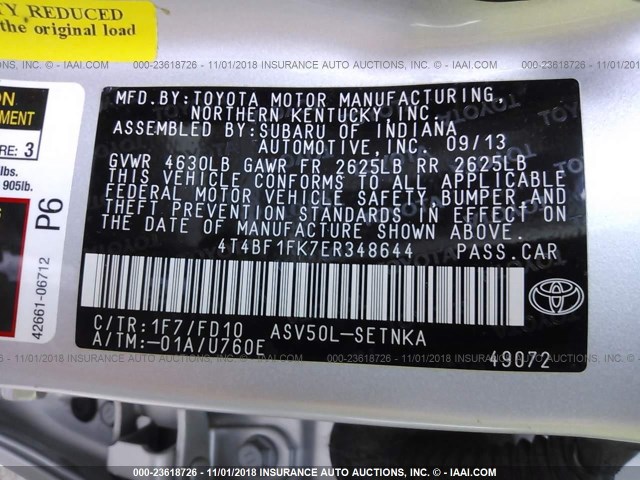 4T4BF1FK7ER348644 - 2014 TOYOTA CAMRY L/SE/LE/XLE SILVER photo 9