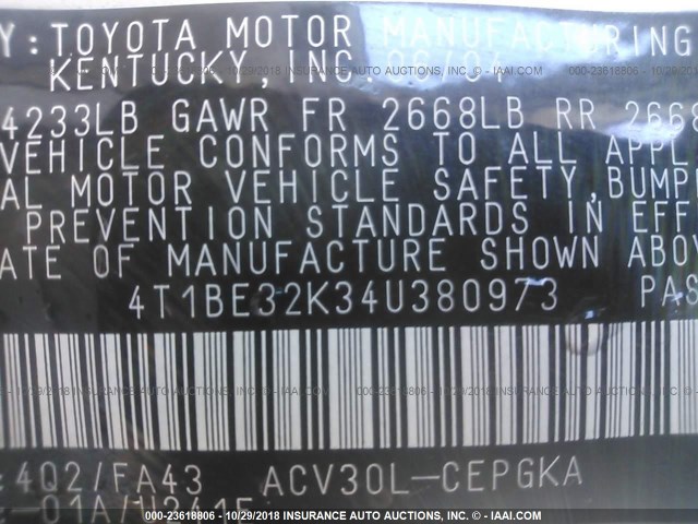 4T1BE32K34U380973 - 2004 TOYOTA CAMRY LE/XLE/SE BEIGE photo 9