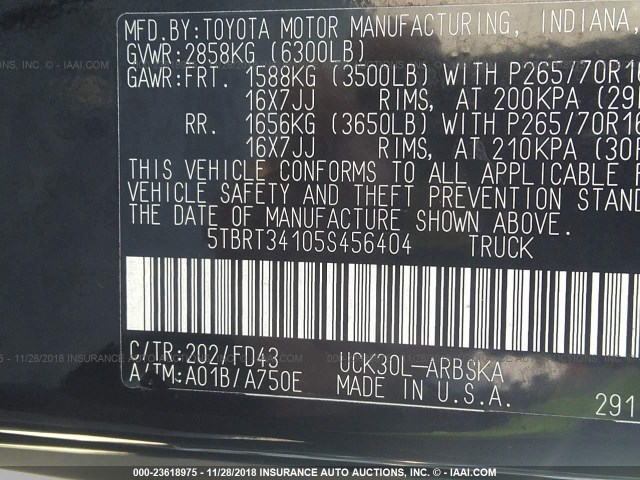 5TBRT34105S456404 - 2005 TOYOTA TUNDRA ACCESS CAB SR5 BLACK photo 9