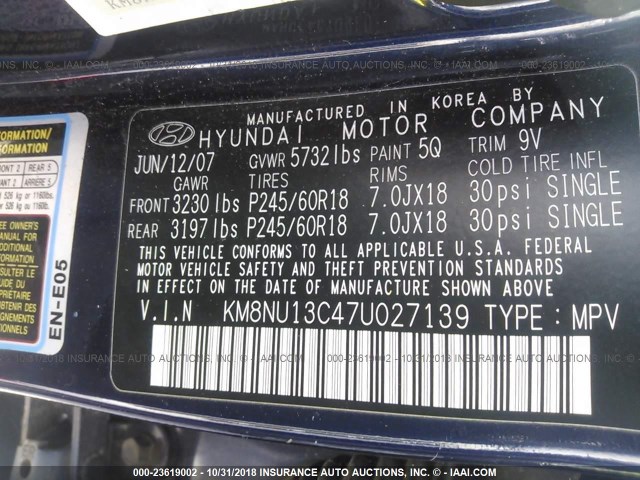 KM8NU13C47U027139 - 2007 HYUNDAI VERACRUZ GLS/SE/LIMITED BLUE photo 9