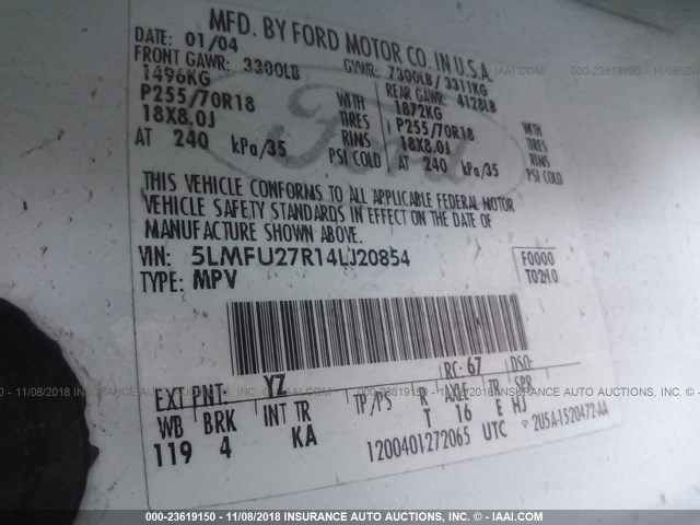 5LMFU27R14LJ20854 - 2004 LINCOLN NAVIGATOR Biały zdjęcie 9