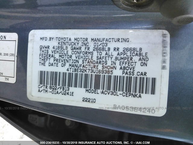 4T1BE32K73U169385 - 2003 TOYOTA CAMRY LE/XLE/SE TEAL photo 9