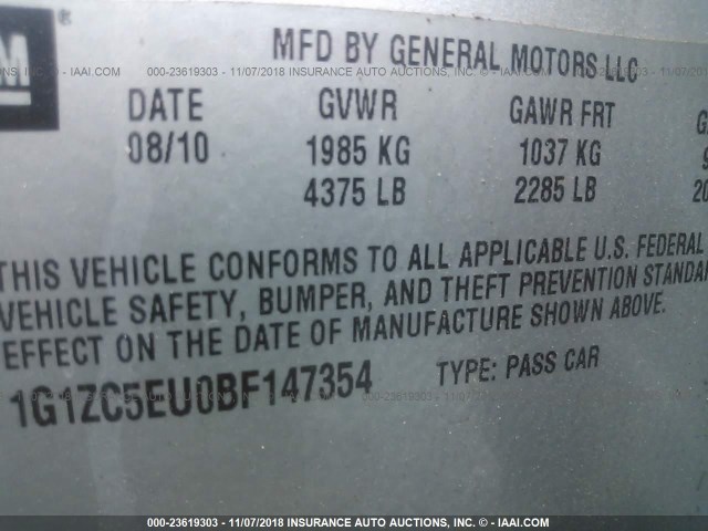 1G1ZC5EU0BF147354 - 2011 CHEVROLET MALIBU 1LT 银色 照片 9