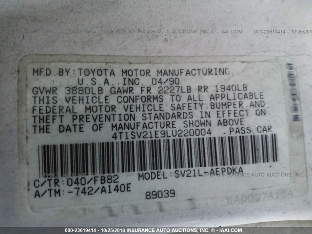 4T1SV21E9LU220004 - 1990 TOYOTA CAMRY DLX თეთრი ფოტო 9