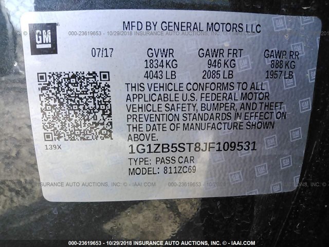 1G1ZB5ST8JF109531 - 2018 CHEVROLET MALIBU LS GRAY photo 9