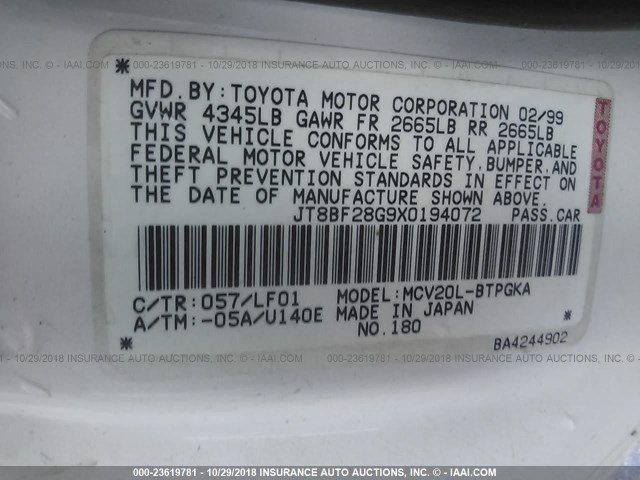 JT8BF28G9X0194072 - 1999 LEXUS ES 300 WHITE photo 9