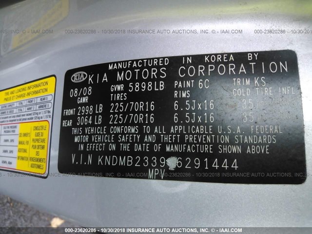 KNDMB233996291444 - 2009 KIA SEDONA EX/LX SILVER photo 9