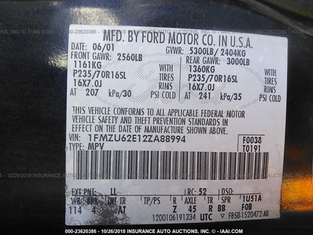 1FMZU62E12ZA88994 - 2002 FORD EXPLORER XLS BLACK photo 9