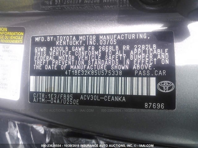 4T1BE32K85U575338 - 2005 TOYOTA CAMRY LE/XLE/SE GRAY photo 9