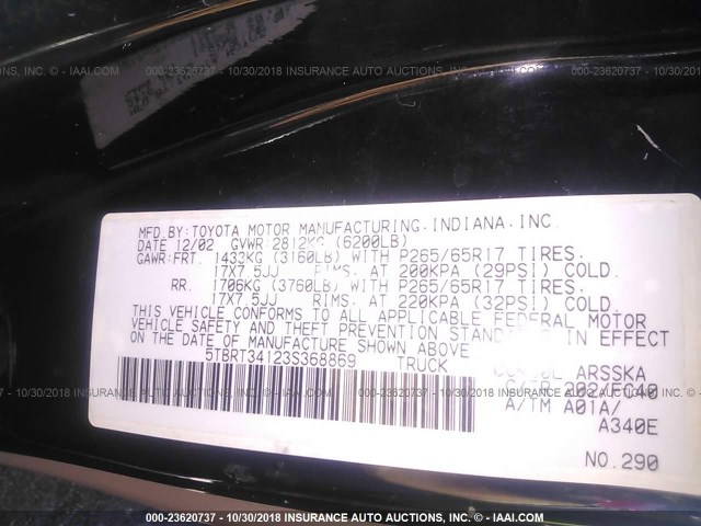 5TBRT34123S368869 - 2003 TOYOTA TUNDRA ACCESS CAB SR5 BLACK photo 9