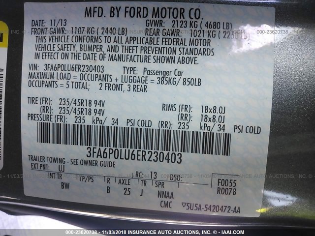 3FA6P0LU6ER230403 - 2014 FORD FUSION SE HYBRID GRAY photo 9