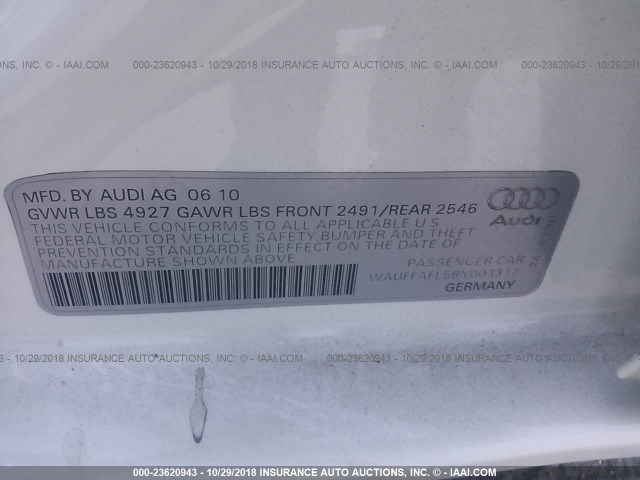 WAUFFAFL5BN003317 - 2011 AUDI A4 PREMIUM PLUS WHITE photo 9