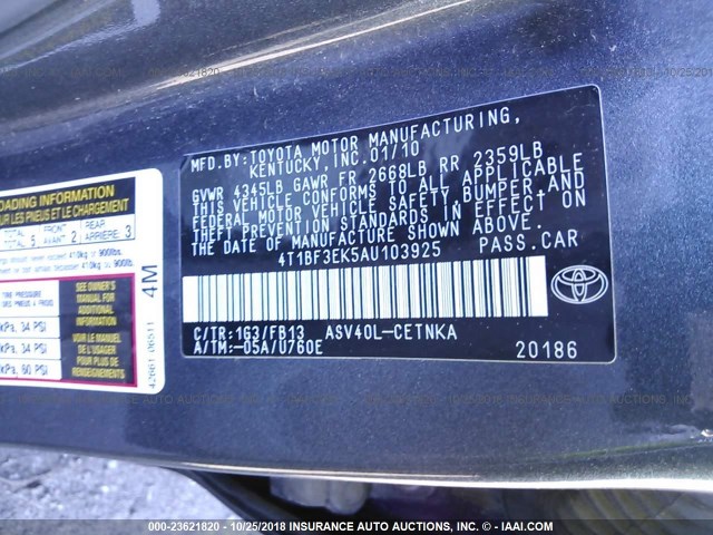 4T1BF3EK5AU103925 - 2010 TOYOTA CAMRY SE/LE/XLE GRAY photo 9