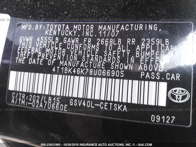 4T1BK46K78U066905 - 2008 TOYOTA CAMRY LE/XLE/SE BLACK photo 9