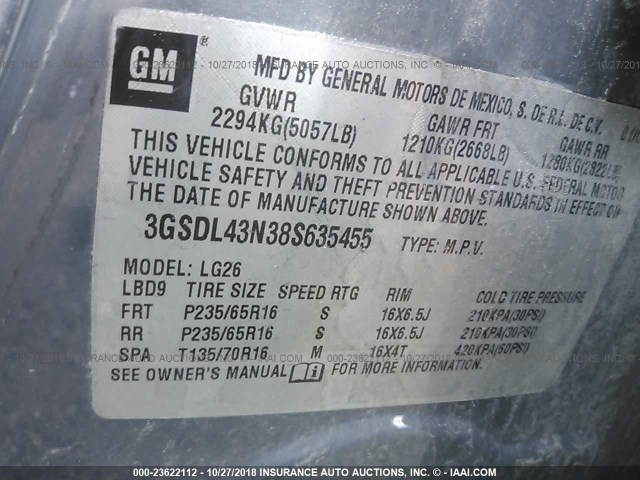 3GSDL43N38S635455 - 2008 SATURN VUE XE BLUE photo 9