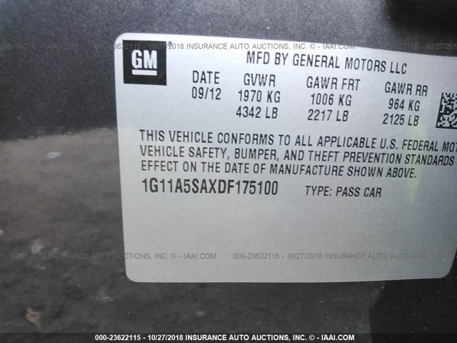 1G11A5SAXDF175100 - 2013 CHEVROLET MALIBU LS 灰色 照片 9