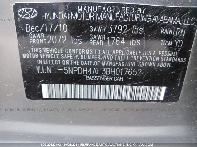 5NPDH4AE3BH017652 - 2011 HYUNDAI ELANTRA GLS/LIMITED GOLD photo 9