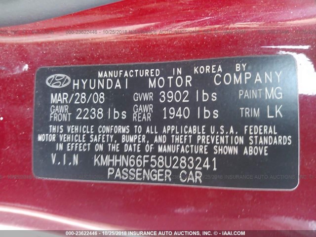 KMHHN66F58U283241 - 2008 HYUNDAI TIBURON GT/SE/GT LIMITED RED photo 9