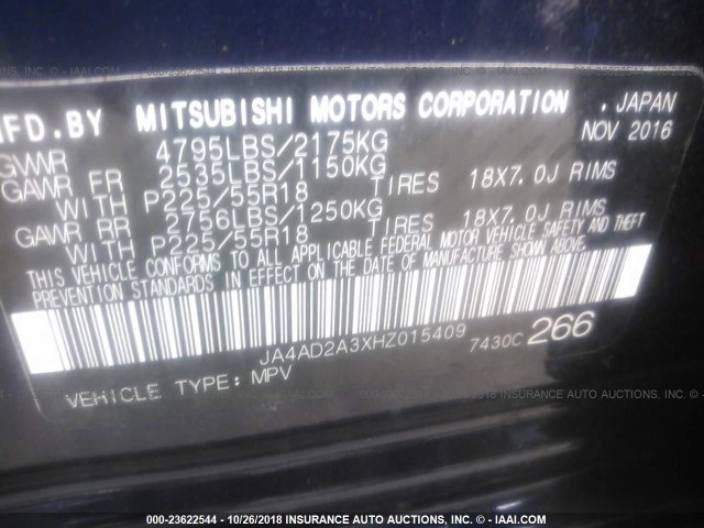 JA4AD2A3XHZ015409 - 2017 MITSUBISHI OUTLANDER ES BLUE photo 9